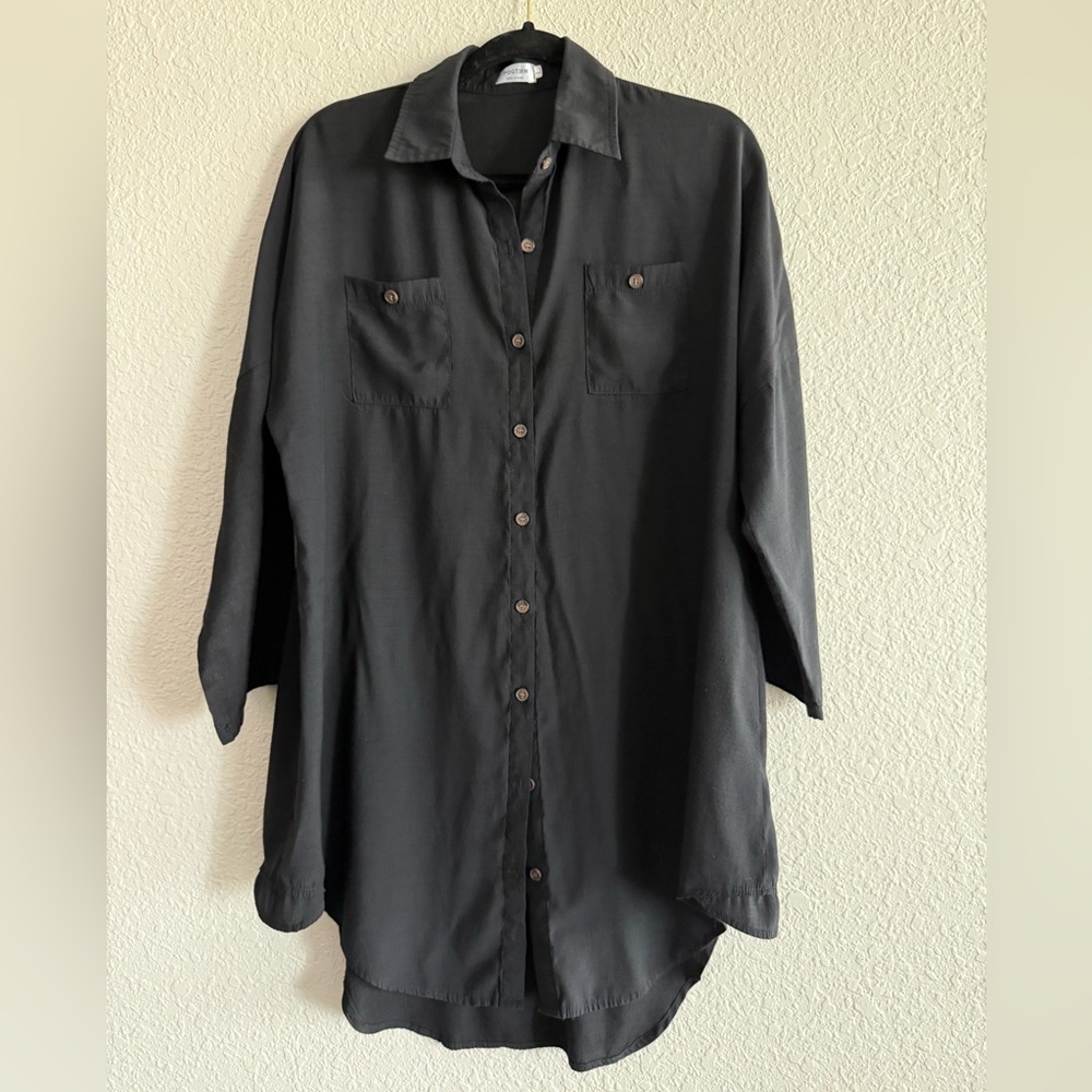 Black Button-Up Tunic Shirt Dress